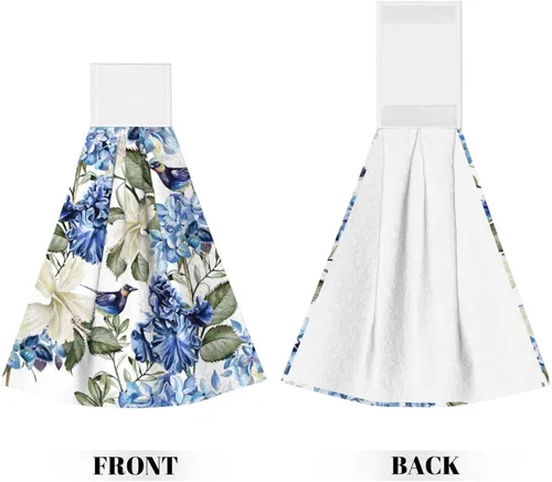 Vista 2 de Juego de 2 toallas de mano colgantes de hortensias azules, acuarela, primavera, pájaro, con lazo para colgar, toallas suaves y absorbentes para baño