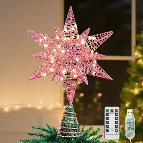 Vista 9 de Lewondr - Estrella para punta de árbol de Navidad, alimentación USB, control remoto, diseño hexagonal multicapa de 11 pulgadas, 8 modos de luz