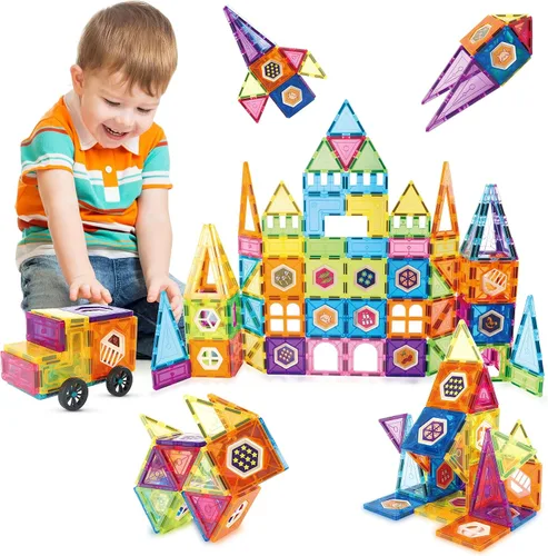 Vista 10 de Contixo Juguetes de construcción STEM – Juego de 65 piezas de azulejos magnéticos de mármol 3D para aprendizaje, apilables, juego de bloques