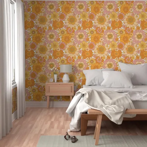 Vista 5 de Spoonflower Papel tapiz autoadhesivo para despegar y pegar, papel tapiz extraíble personalizado retro floral blanco vintage de los años 70