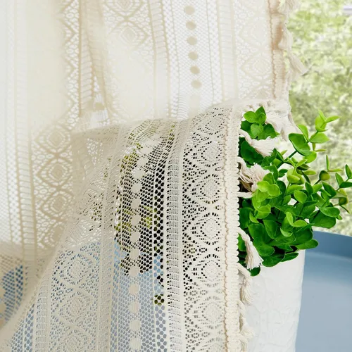 Vista 3 de Amzdecor Cortinas bohemias con borlas de encaje beige para dormitorio, sala de estar, lino texturizado elegante, patrón geométrico rústico