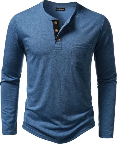 Vista 12 de LucMatton - Camiseta Henley para hombre, ligera, casual, elástica, ajuste entallado, manga larga, con bolsillo Verde militar