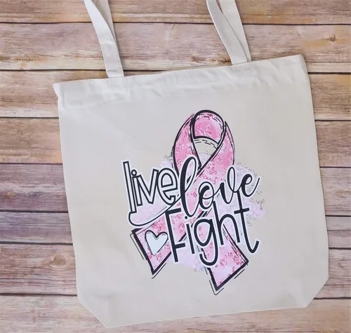 Vista 3 de Live, Love, Fight Breast Cancer Awareness Reusable Grocery Bag - Canvas Tote Bag, 12 Ounce Heavy Natural Canvas bag 17 34" W x 15 34" H x 6 14" D