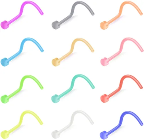 Vista 9 de ZS 12 piezas 20G Anillos retenedor de nariz flexibles Bioflex coloridos, aretes de nariz transparentes y flexibles de bioplástico para perforación