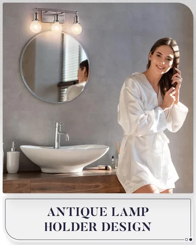 Vista 8 de Lámpara de tocador de 3 luces, moderna lámpara de pared de níquel cepillado, iluminación industrial de pared de tocador de baño para espejo, base