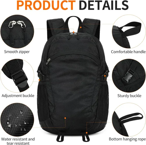 Vista 5 de Mochila pequeña de senderismo para viajes, ligera, plegable, mochila de día resistente al agua, mochilas plegables de 15L para viajes, mujeres, Negro