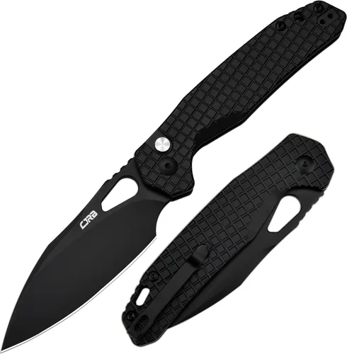 Vista 7 de CJRB Cuchillo de bolsillo Frack, hoja de acero AR-RPM9 de 3.9 pulgadas, con revestimiento de PVD, mango de acero EDC, cuchillo de bloqueo de botón