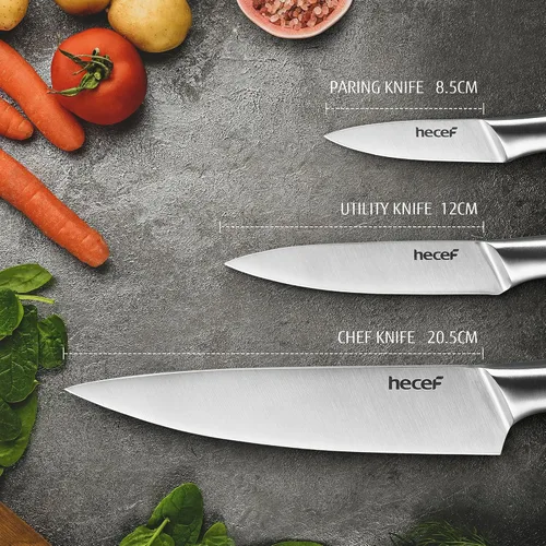 Vista 3 de hecef Juego de cuchillos de cocina plateado de 3 piezas, hoja con acabado satinado con mango hueco, incluye cuchillo de chef de 20 cm, cuchillo