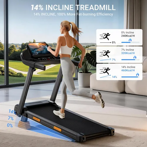 Vista 2 de Cintas de correr para el hogar con 16% de inclinación y pantalla LED, cinta de correr plegable de 7 capas que absorbe los golpes con barra de mango
