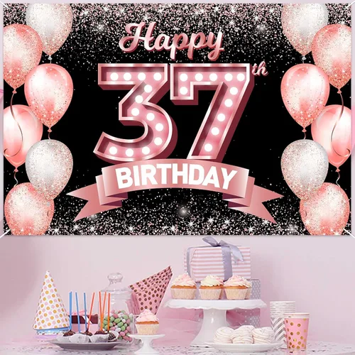 Vista 323 de Cartel de feliz cumpleaños décimo oro rosa, telón de fondo, saludos a 10 años, globos de confeti, decoración temática para niñas de 10 años