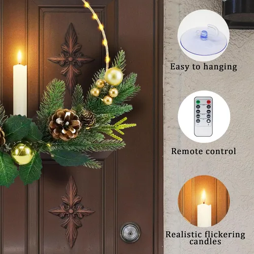 Vista 4 de Paquete de 2 coronas de Navidad para puerta delantera con luces y velas LED parpadeantes y control remoto, coronas de ventanas de 16 pulgadas