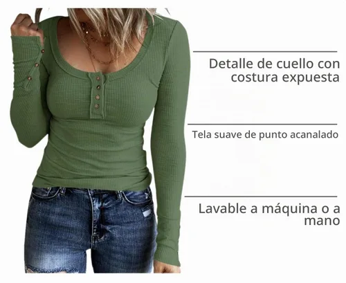 Vista 4 de KINLONSAIR Women Long Sleeve Henley Shirts Scoop Neck T-shirt Basic Tops Verde militar