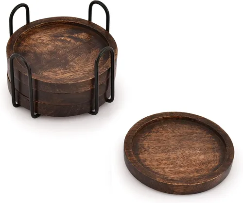 Vista 3 de SAMHITA Juego de 5 posavasos de madera de mango para bebidas con soporte de hierro, para vasos de bebida, protección de mesa para cualquier