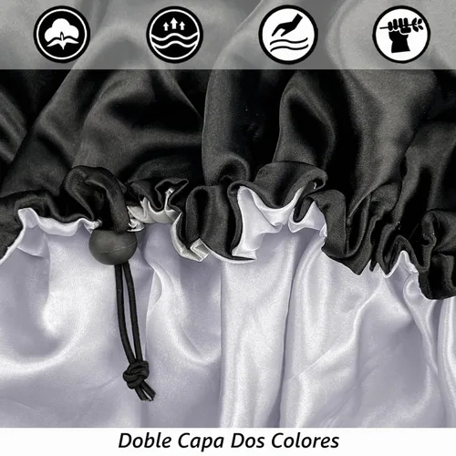 Vista 2 de Gorro de seda de satén para cabello rizado, gorro trenzado para dormir, para mujer, grande, doble capa ajustable (2 unidades, negro)