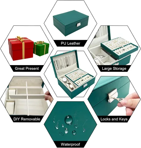Vista 2 de CXEizZ Caja organizadora de joyas para mujeres, niñas y hombres con cerradura, collar y reloj, cajas de aretes de cuero sintético, estuche