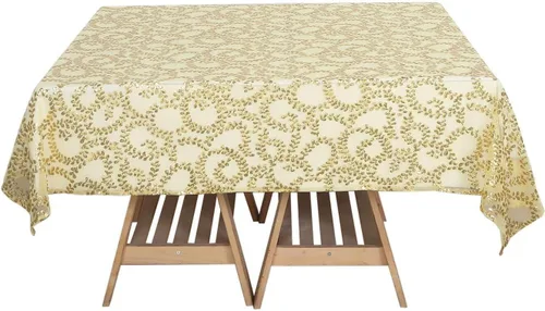 Vista 7 de Efavormart - Superposición de mesa de tul bordado de hojas de lentejuelas doradas de 72 x 72 pulgadas, mantel cuadrado transparente