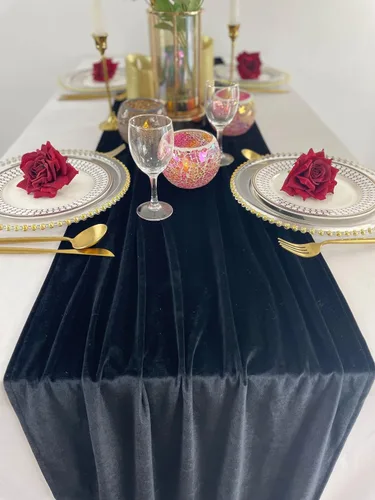 Vista 2 de Lujoso camino de mesa de terciopelo, decoraciones de recepción de boda de 10 pies, tela de terciopelo suave de 20 x 120 pulgadas, revestimiento