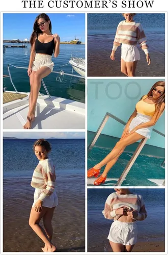 Vista 5 de Dokotoo Womens Casual Summer Smocked Elastic Waist Comfy Button Detail Beach Shorts