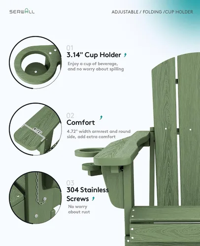 Vista 4 de SERWALL Silla Adirondack plegable ajustable, silla Adirondack reclinable con 3 posiciones reclinables, HDPE para todo tipo de clima, Adirondack