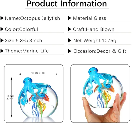 Vista 5 de QFkris Figuras coloridas de cristal de pulpo y medusas, coleccionables, hechas a mano, adorno de pisapapeles de vidrio de animales marinos