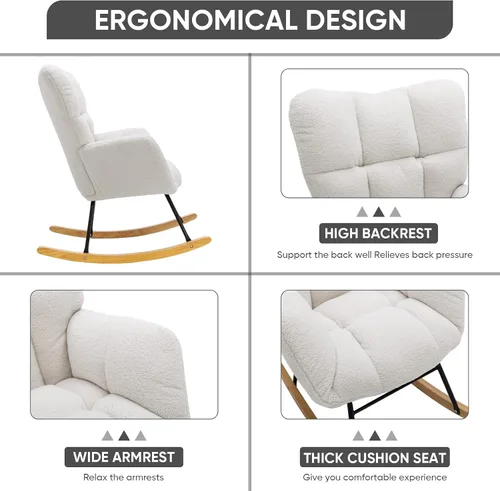 Vista 6 de Silla mecedora de terciopelo de peluche, sillón mecedora con carga para guardería, cómoda silla auxiliar para sala de estar, dormitorio