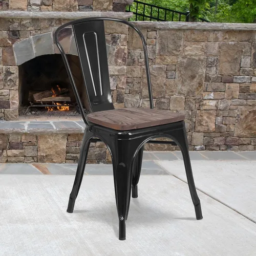 Vista 2 de Flash Furniture Perry - Silla apilable de metal con asiento de madera, 1 paquete, color negro