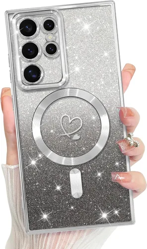 Vista 373 de Bonoma - Funda compatible con Samsung Galaxy S21 Plus, diseño de corazón con purpurina, color rosa Support for MagSafe, Plating Magnetic Case TPU