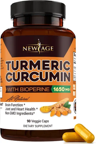 Vista 3 de NEW AGE Curcumina de cúrcuma con cápsulas de bioperina, apoyo natural para articulaciones y saludable con 95% curcuminoides estandarizados