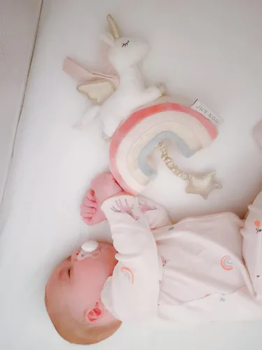 Vista 5 de MON AMI Juguete musical de peluche suave de unicornio y arco iris, 12 pulgadas, móvil de guardería, juguetes infantiles, juguete de peluche colgante