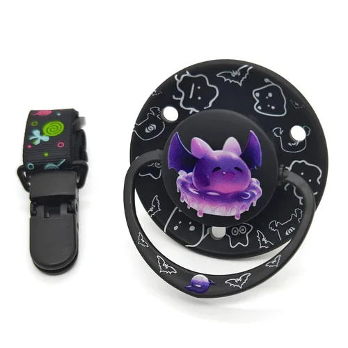 Vista 2 de Lindo chupete jumbo – Alivio del sueño y el estrés con diseño de murciélago de gelatina, clip y funda reutilizable – Adorable murciélago negro