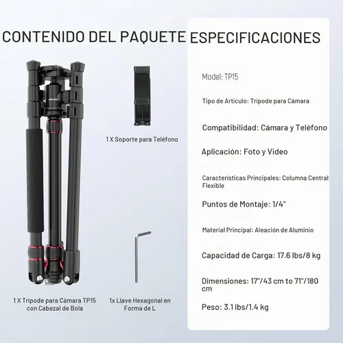 Vista 9 de NEEWER Basics - Trípode para cámara, 71 pulgadas, de aluminio, resistente, portátil, para viajes, DSLR, soporte para teléfono celular con cabeza