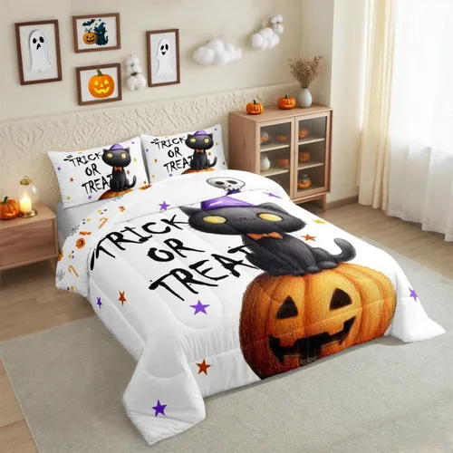 Vista 9 de Feelyou Juego de edredón de calabaza para todas las estaciones, decoración de Halloween, juego de ropa de cama con 1 funda de almohada, microfibra