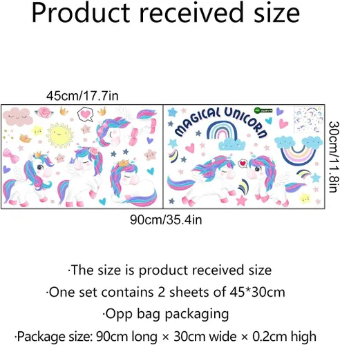 Vista 6 de fanquare Calcomanías de pared mágicas de unicornio con diseño de corazón de arco iris, decoración de pared para niños, niñas, dormitorio, sala