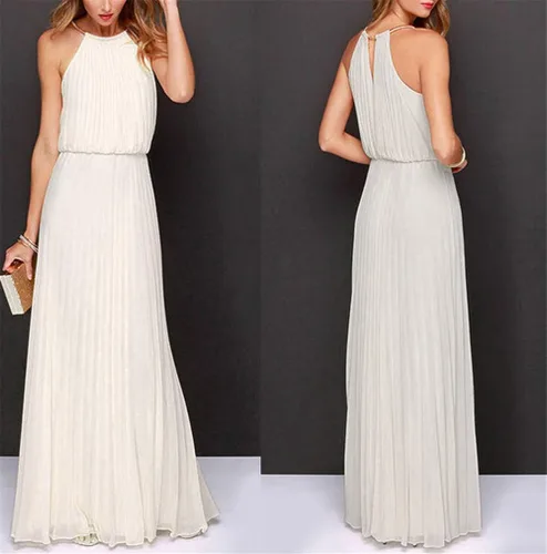 Vista 4 de Vestido maxi sin mangas de gasa de color sólido de dama de honor de las mujeres halter