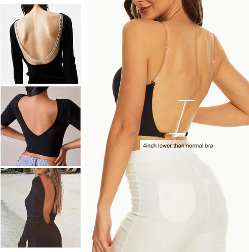 Vista 5 de sealsea Brasier de espalda baja para mujer, con alambre de elevación profunda en forma de U, sin espalda, con correas transparentes convertibles