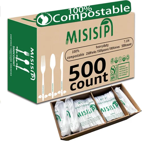 Vista 10 de MISISIPI Juego de utensilios compostables de 150 unidades, resistente con certificación BPI, tenedores desechables sin plástico, cucharas, cuchillos