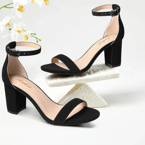 Vista 3 de Ankis Tacones para mujer, puntera abierta, correa de tobillo, tacón grueso, sandalias de 2.75 pulgadas