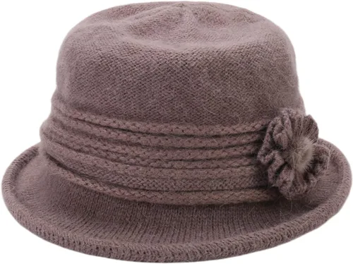 Vista 35 de C-US - Gorro de punto cálido para mujer, con visera de ganchillo con acento de flores