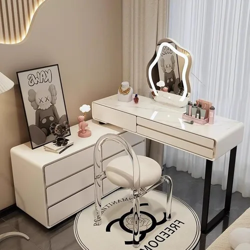 Vista 6 de Escritorio de tocador con luces, tocador de maquillaje con espejo, tocador con cajón grande, 3 modos de iluminación de brillo ajustable, juego
