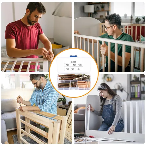Vista 5 de Kit de Repuesto de 16 Piezas para Cuna, Pernos y Tuercas de Barril y Clavijas de Madera, Tornillos de Cabeza Hexagonal con Casquillo para Cabeceros