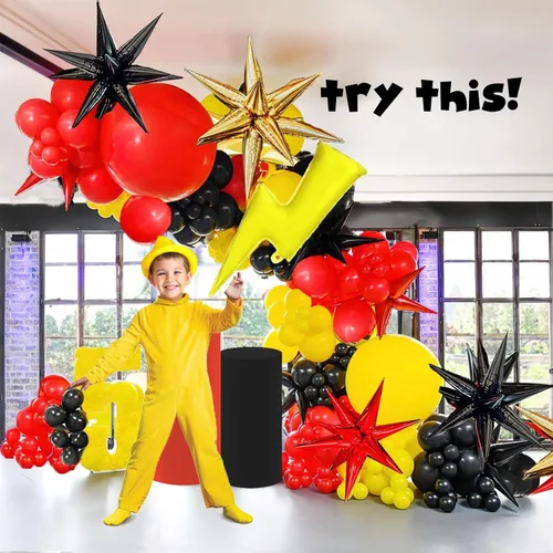 Vista 2 de Kit de arco de globos de atrapasueños de monstruos, 154 unidades, decoración de fiesta roja, amarilla y negra, con rayo y globos de papel