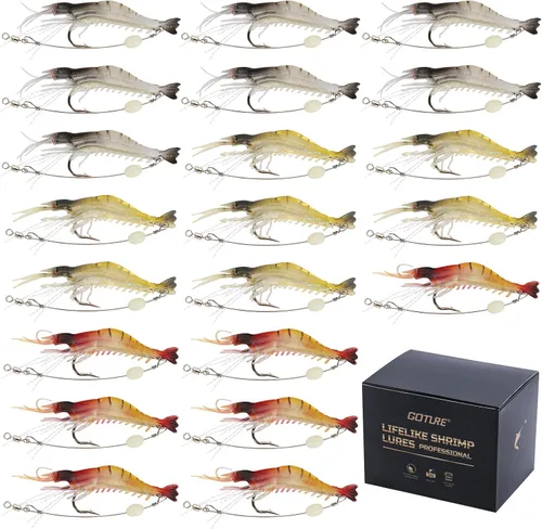 Vista 11 de Goture Soft Shrimp Lures Fishing Saltwater Luminous Shrimp Bait Set Fishing Lures with Sharp Hooks for Freshwater Saltwater Trout Bass Salmon