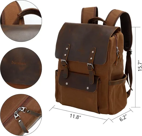 Vista 6 de Modoker Mochila de lona encerada, mochila de cuero para hombres y mujeres, mochila vintage de viaje para laptop de 15.6 pulgadas, mochila retro