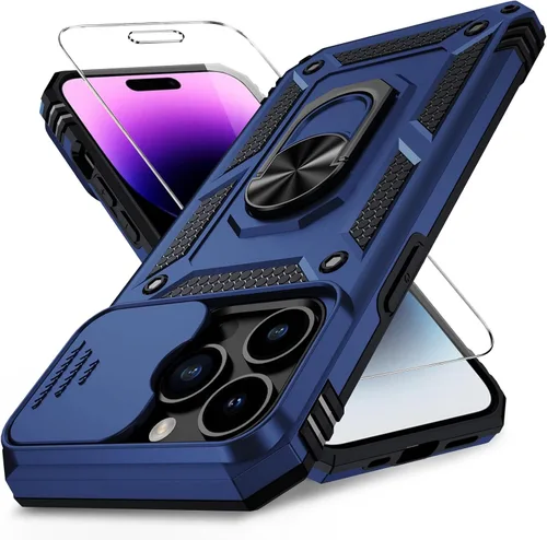 Vista 13 de Funda para iPhone 14 con cubierta para lente de cámara, protector de pantalla HD, protección contra caídas de grado militar de 10 pies, soporte