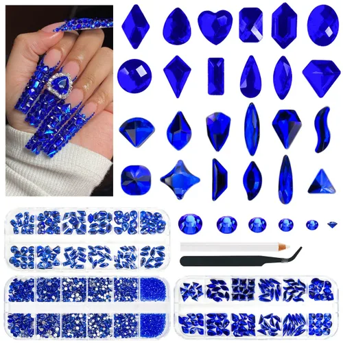 Vista 10 de qiipii 24 estilos de diamantes de imitación de aguamarina para uñas, piedras azul lago, diamantes K9 de vidrio, cristales planos azul agua, gemas