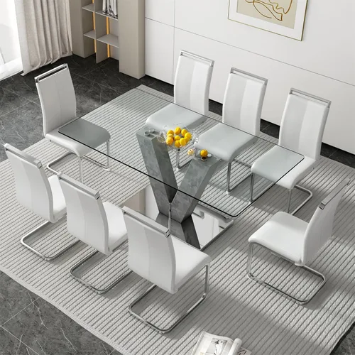 Vista 12 de Juego de mesa de comedor de cristal de 71 pulgadas para 4, juego de mesa de cocina moderno para 4, juego de mesa de comedor para el hogar