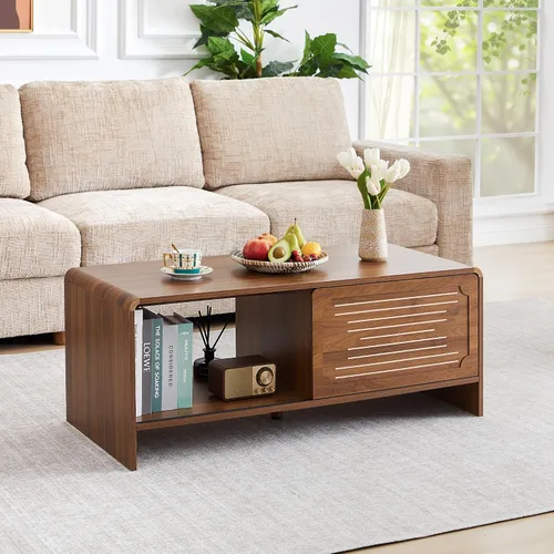 Vista 11 de Mesa de Centro Acanalada, 39'' Mesas de Centro Estilo Granja para Sala de Estar, Mesa Central de Acento de Madera Baja Mesa de Té Pequeña con Base