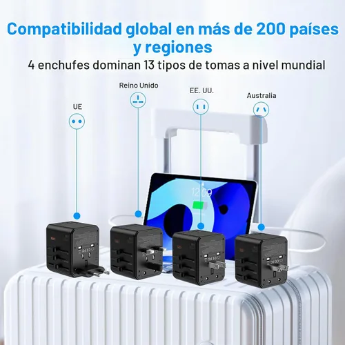 Vista 9 de Adaptador de viaje universal, convertidor de enchufe de alimentación internacional con cargador PD de 45 W, soporte de 2500 W, adaptador de CA todo