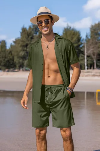 Vista 3 de COOFANDY Conjunto corto de 2 piezas para hombre, camisa con botones Guayabera, casual, trajes de playa de verano Verde militar