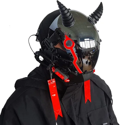 Vista 5 de KYEDAY Máscara punk para hombres, máscara LED de cuerno de buey, tecnología punk futurista, cosplay, Halloween, fiesta, festival de música